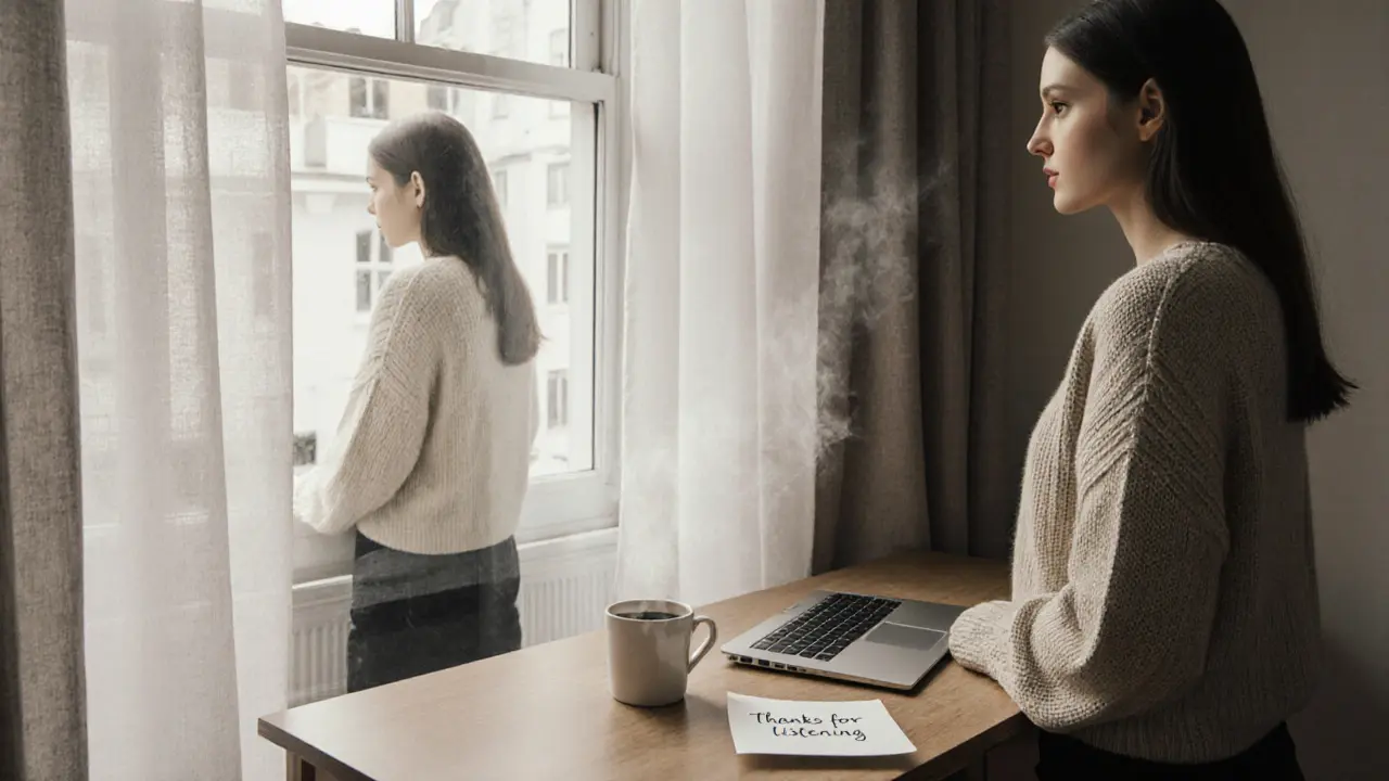 A calm woman in a minimalist London flat, morning light streaming through sheer curtains.