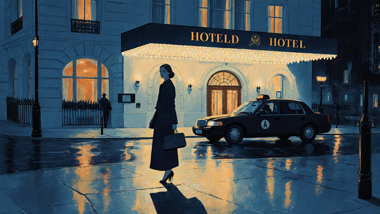 A confident woman stands outside a London hotel at night, calm and composed under city lights.