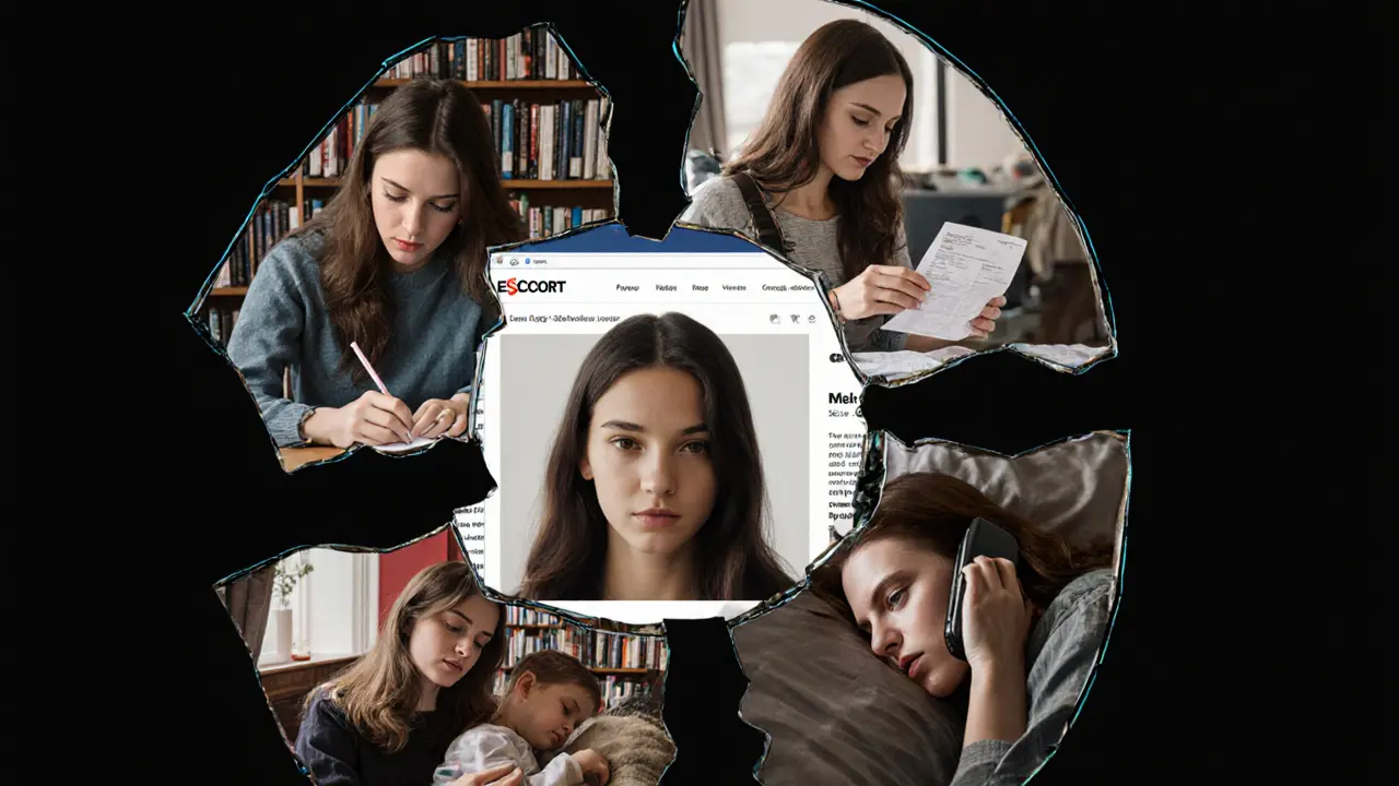 A fractured mirror showing escort photos versus the real lives of women across Europe.