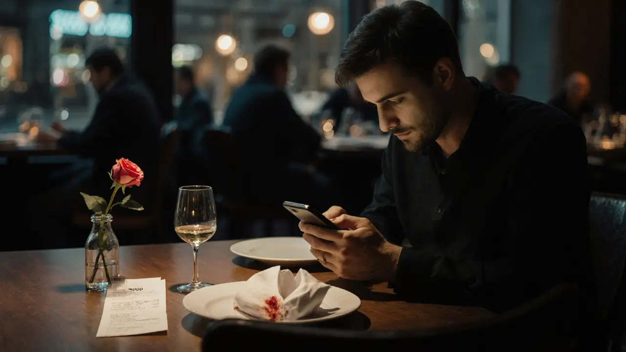 A man alone at a restaurant with an empty chair, a receipt, and a wilting rose on the table.