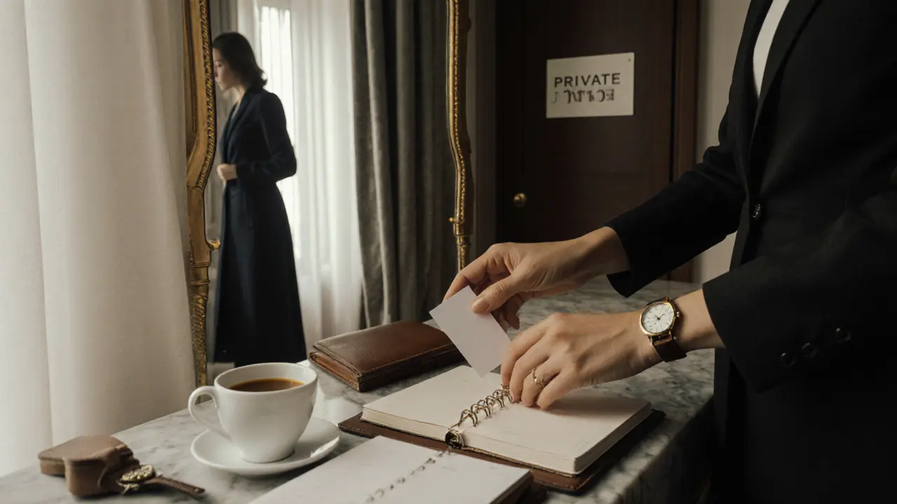 A woman's hands placing a business card on marble beside a watch and espresso cup in a quiet Vienna hotel room, soft morning light.