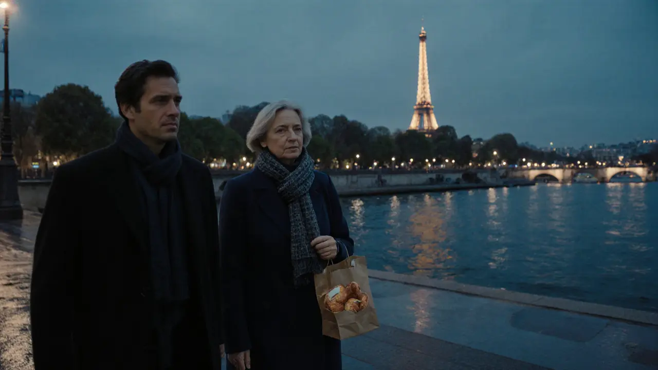 A woman and man walking along the Seine at dusk, sharing a moment of calm companionship.