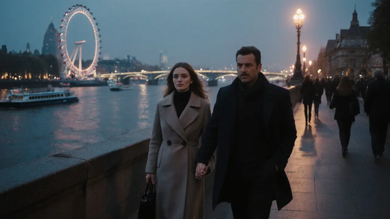 A woman and man walking side by side along the Thames at twilight near Tower Bridge.