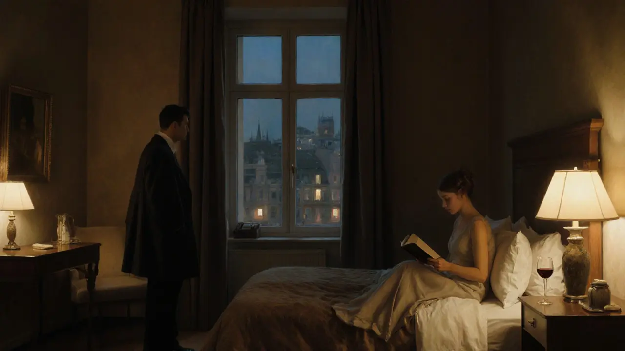 A woman reading peacefully in a hotel room while a man looks out the window at night.