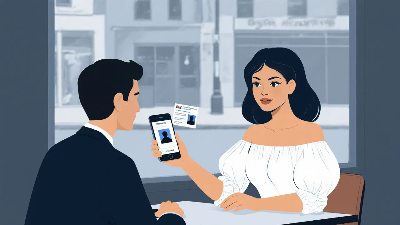 Cafe setting where a busty escort shows ID to a client, both checking phone messages for safety.