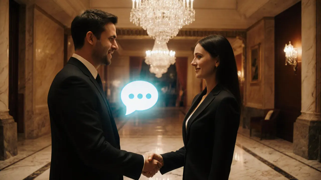 Client and escort handshake in luxurious hotel lobby with subtle encrypted overlay.