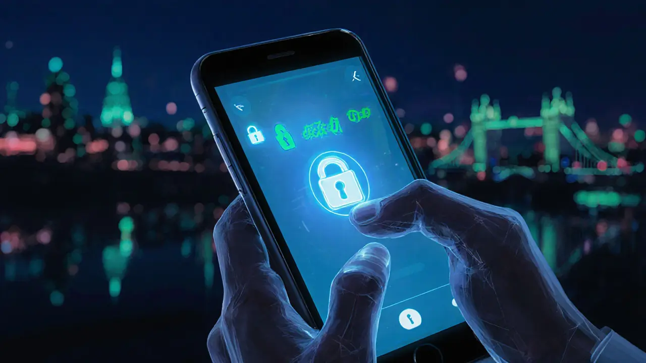 Close-up of a smartphone showing an encrypted chat with glowing lock icons.