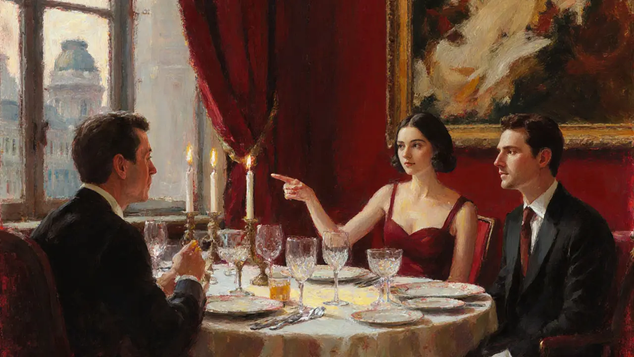 Companion and client sharing a candlelit dinner with art hinted in the background.