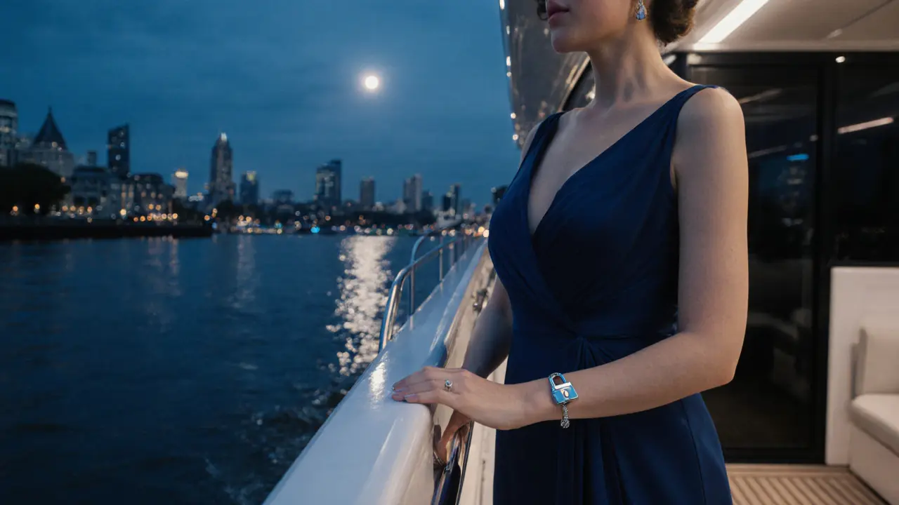 Companion on a nighttime Thames yacht, conveying luxury and security.
