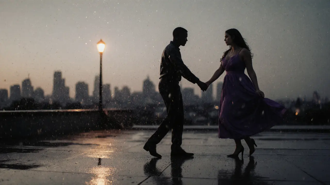Couple dancing on a rainy rooftop under city lights.