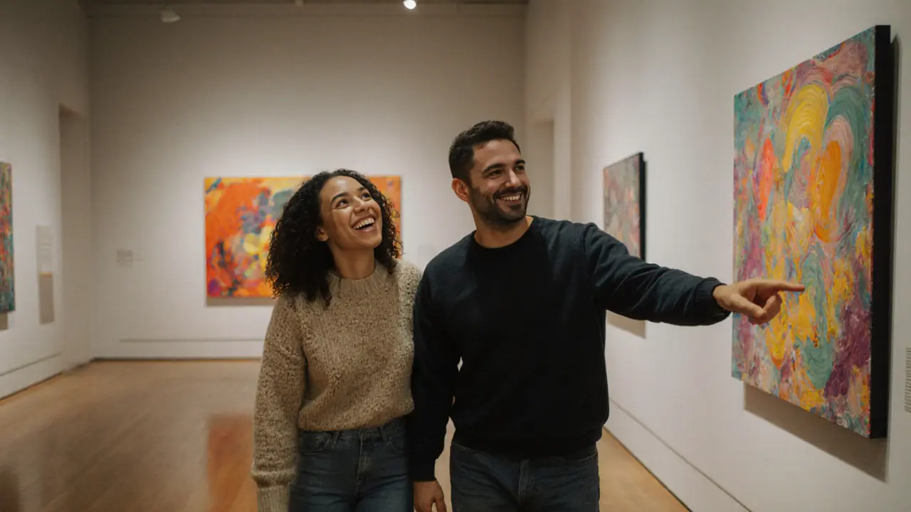 Couple enjoying a museum date, laughing and discussing art together.