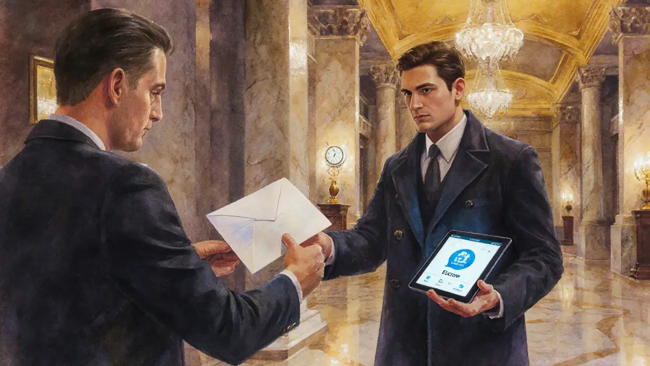Discreet hotel lobby meeting showing a sealed envelope and secure payment symbols.