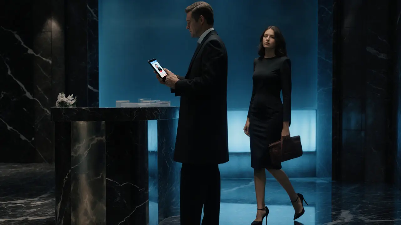 Discreet hotel lobby meeting with video call verification and subtle lighting.