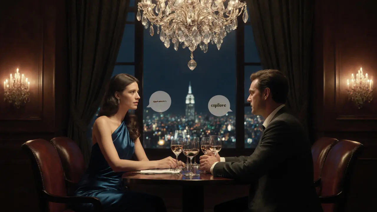 Elegant dinner scene with a Euro escort and gentleman at a candlelit Mayfair restaurant.