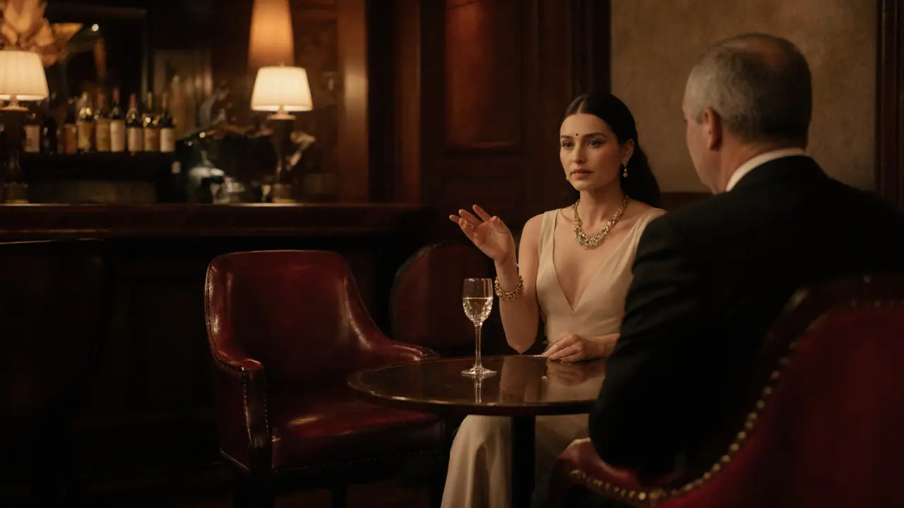 Elegant hotel bar where a European escort and client converse over wine.
