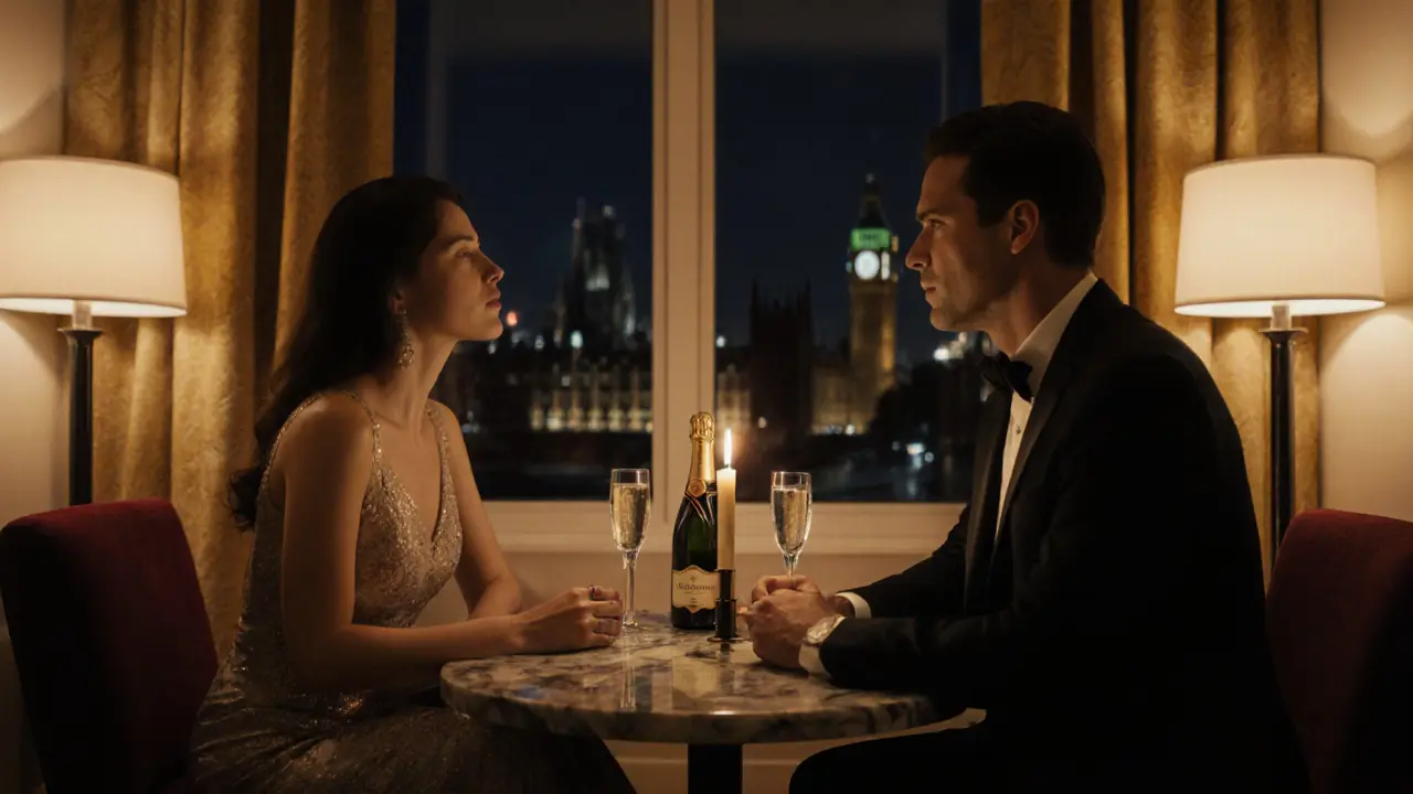 Elegant hotel room with companion and client sharing wine in soft lighting.