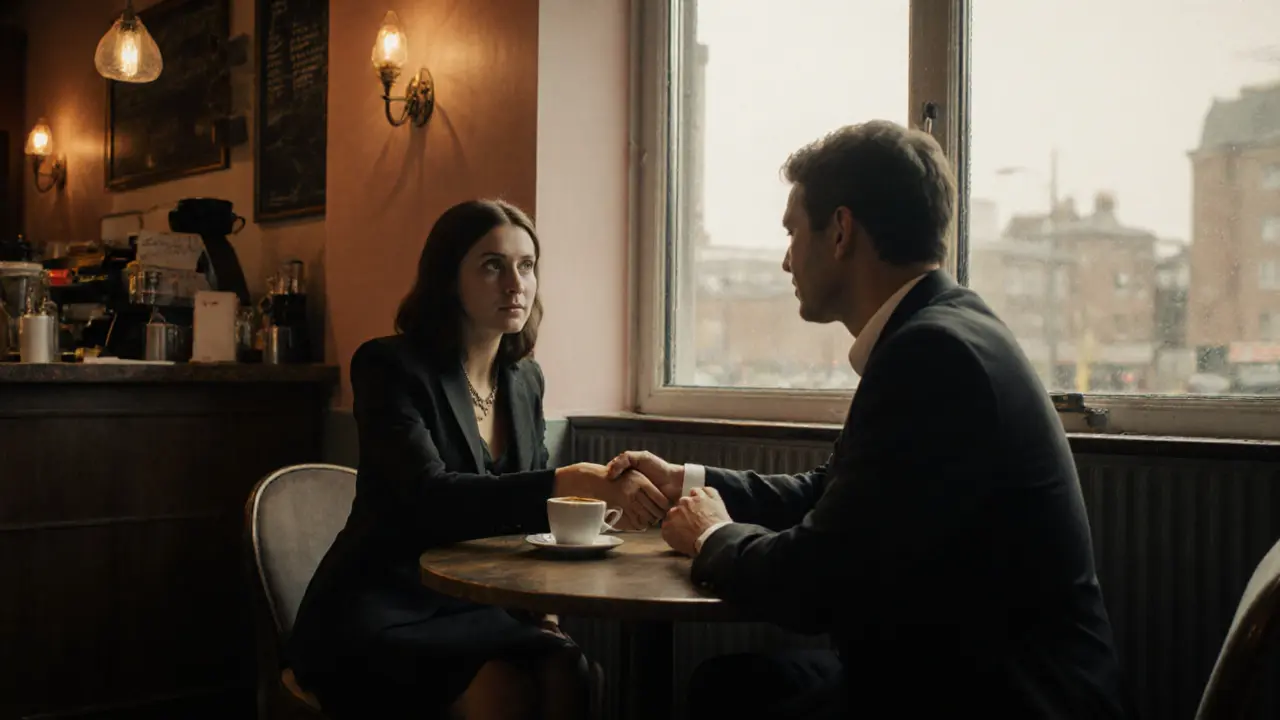 Escort and client meeting for a handshake in a cozy Manchester café.