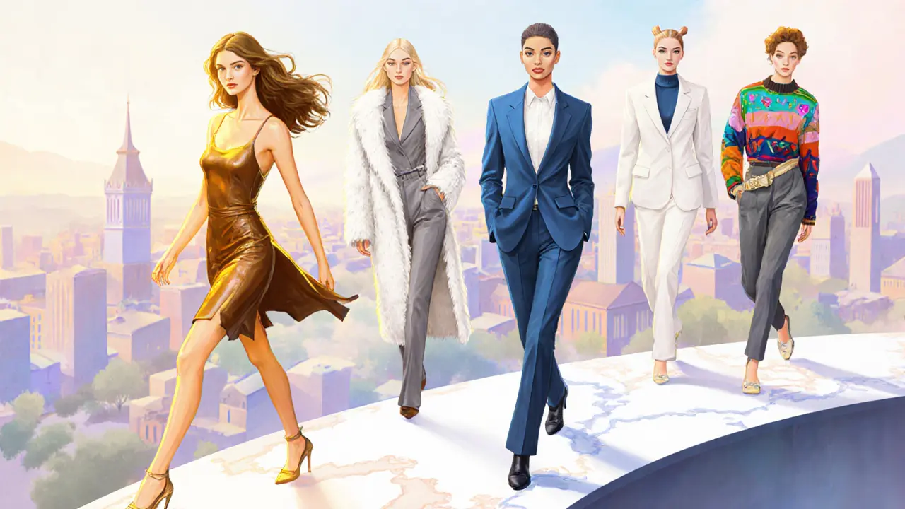 Four models representing Mediterranean, Slavic, Nordic, and multicultural styles on a runway across Europe.