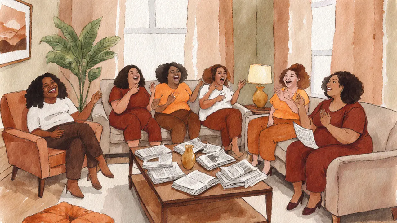 Group of curvy women laughing together while reading stories in a cozy room.