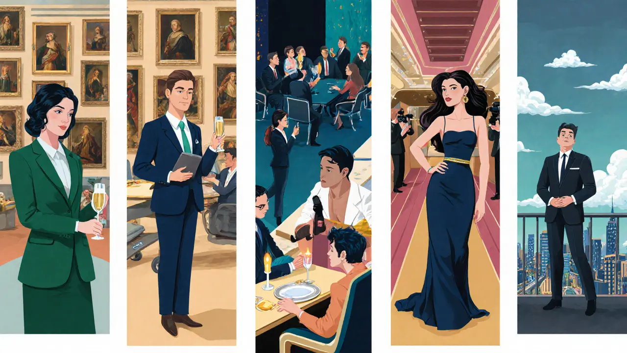 Illustrated collage showing five luxury companion archetypes in museum, conference, runway, jet, and dinner settings.