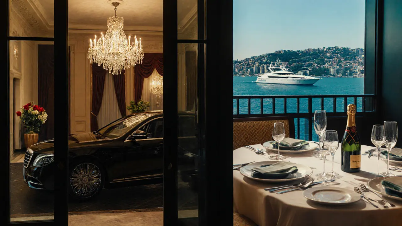 Luxury weekend itinerary with chauffeur car, hotel suite, gourmet dinner, and yacht.