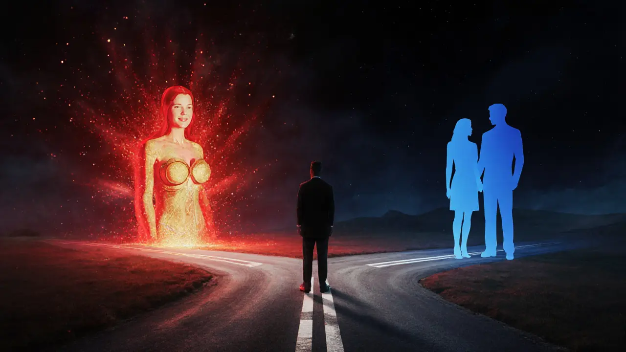 Man at a crossroads choosing between a vivid busty silhouette and a subdued ordinary couple.
