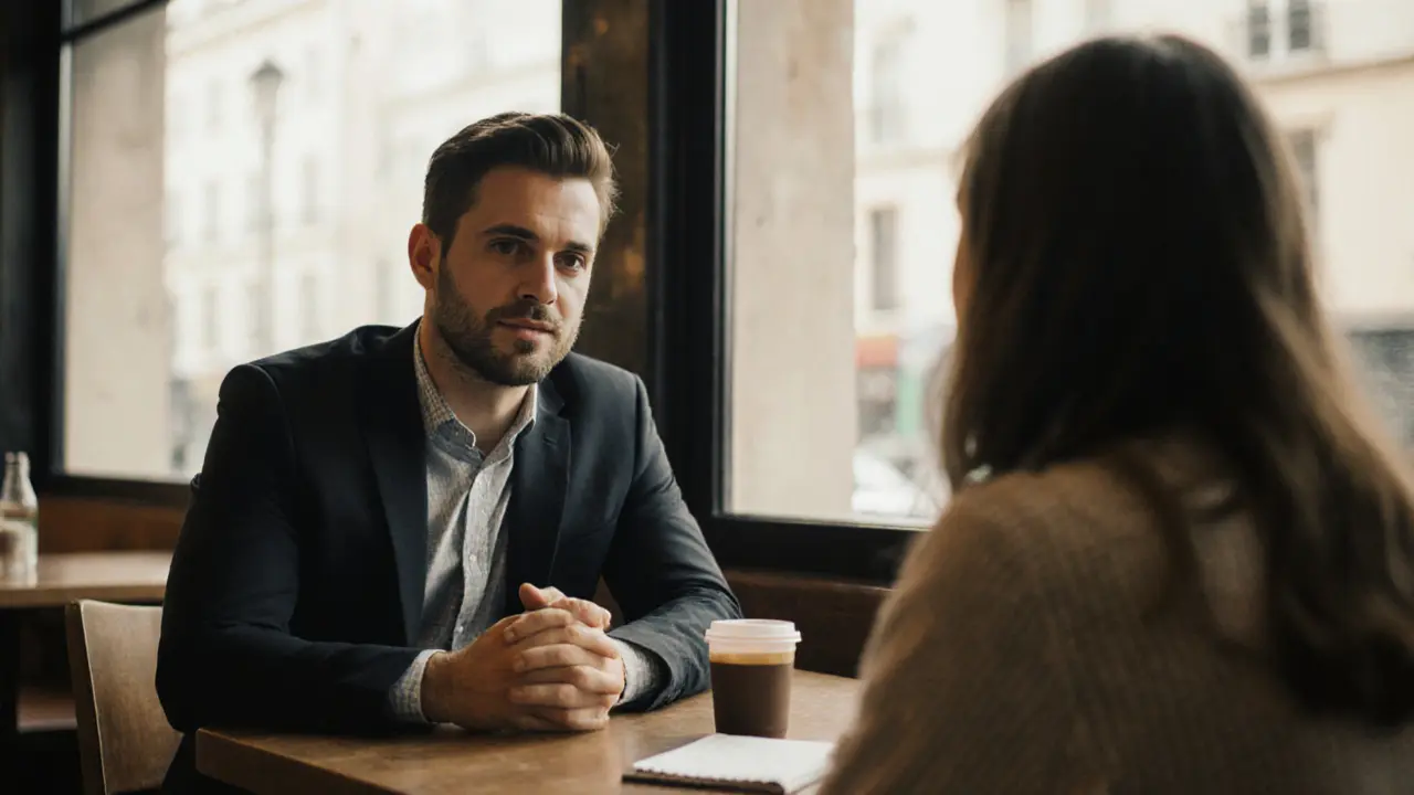 Man listening attentively to a Euro girl in a café, sharing humor over coffee.