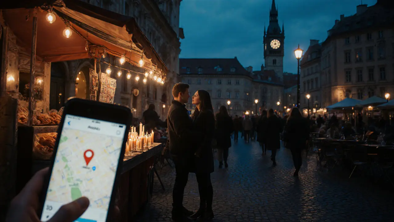 Nighttime Prague market square with a couple meeting, smartphone location sharing visible.