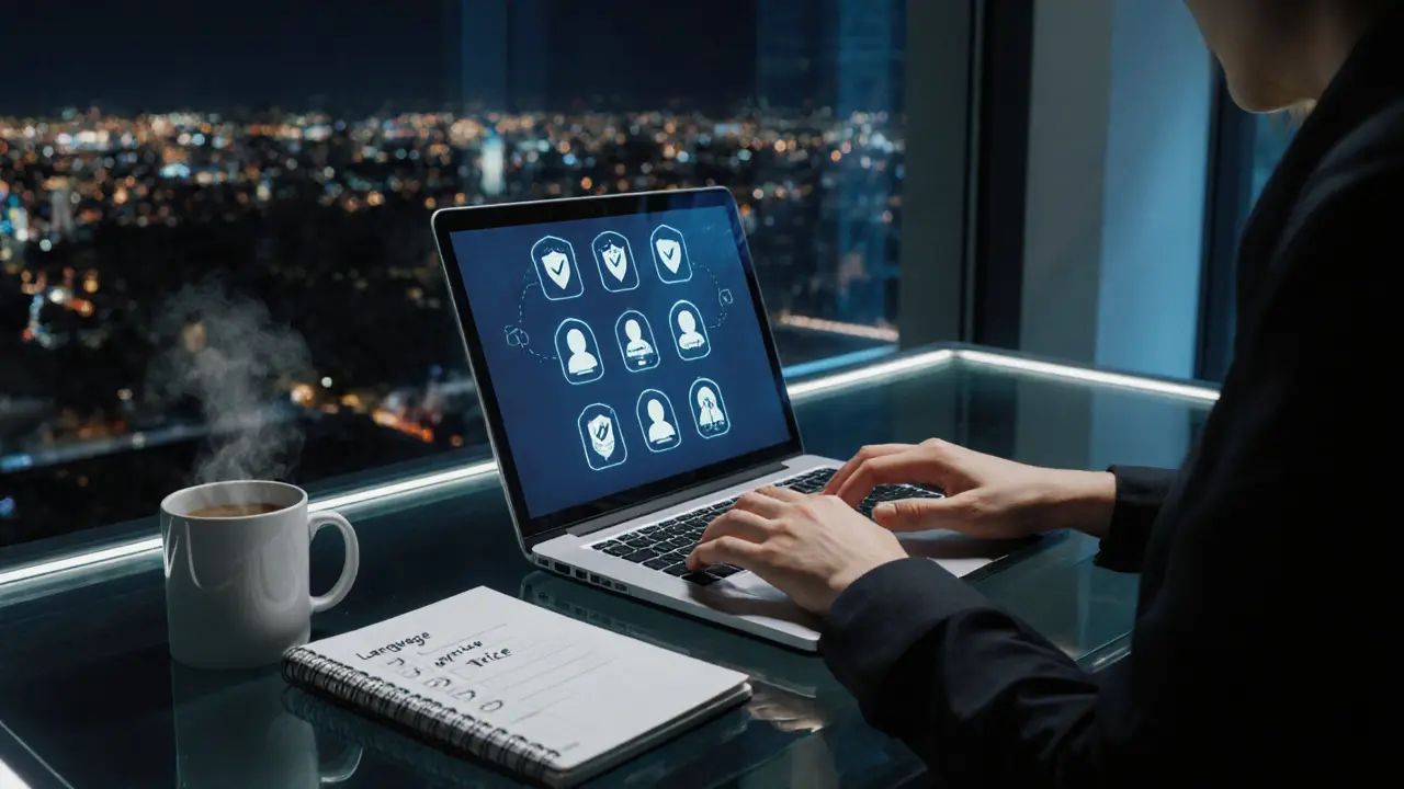 Person planning a booking on a laptop with verification icons in a modern apartment at night.