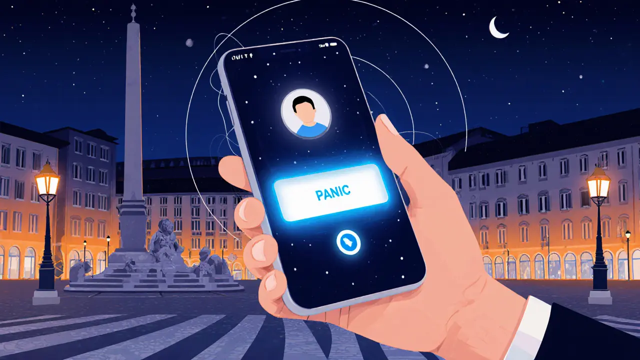 Phone displaying safety icons with a night-time Italian piazza background.