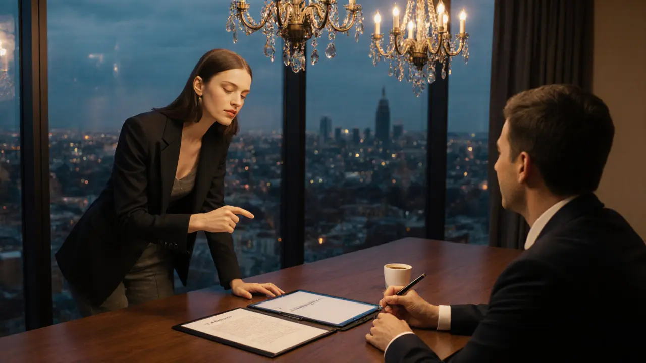 Professional meeting in a studio with a model, client, contract, and city skyline at dusk.