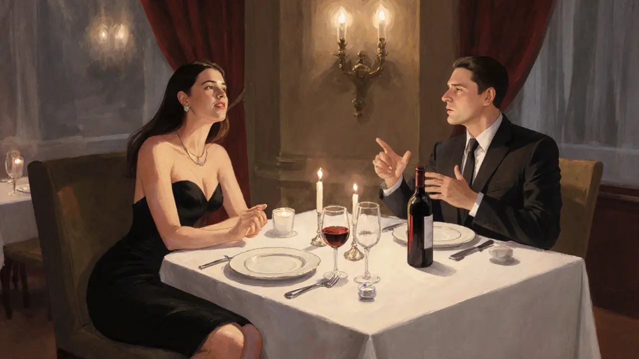 Refined dinner scene with escort, businessman, candles, and discreet safety token.