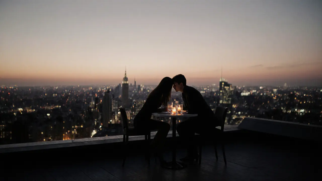 Romantic rooftop dinner with silhouetted couple overlooking a sunset city skyline.