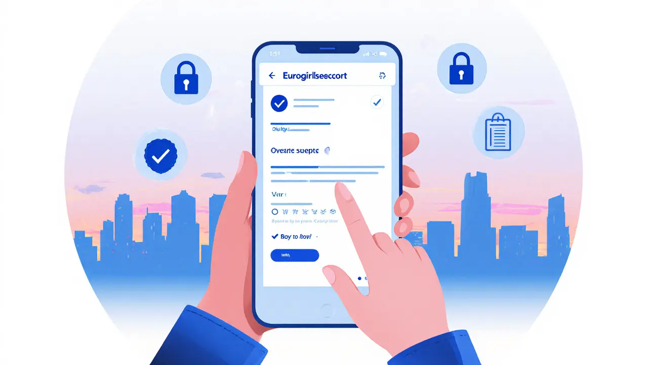 Smartphone displaying booking confirmation with safety icons and city skyline.