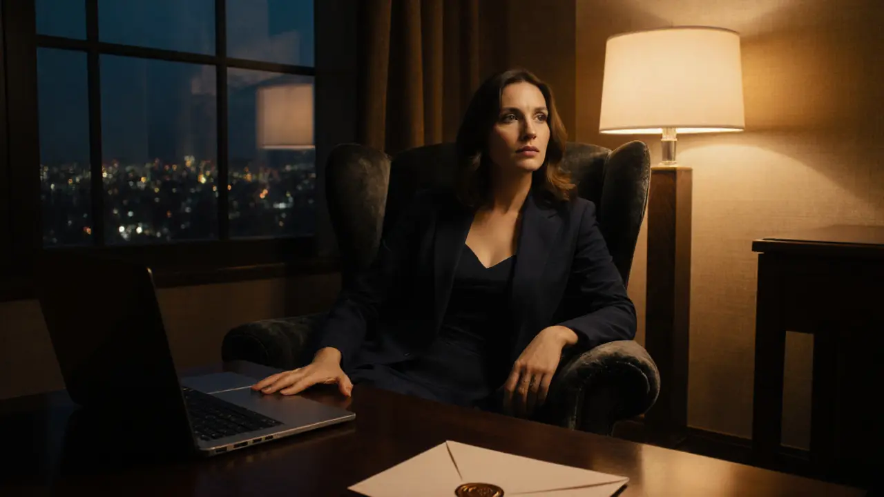 Sophisticated woman seated in a private suite with a sealed envelope, suggesting discreet service.