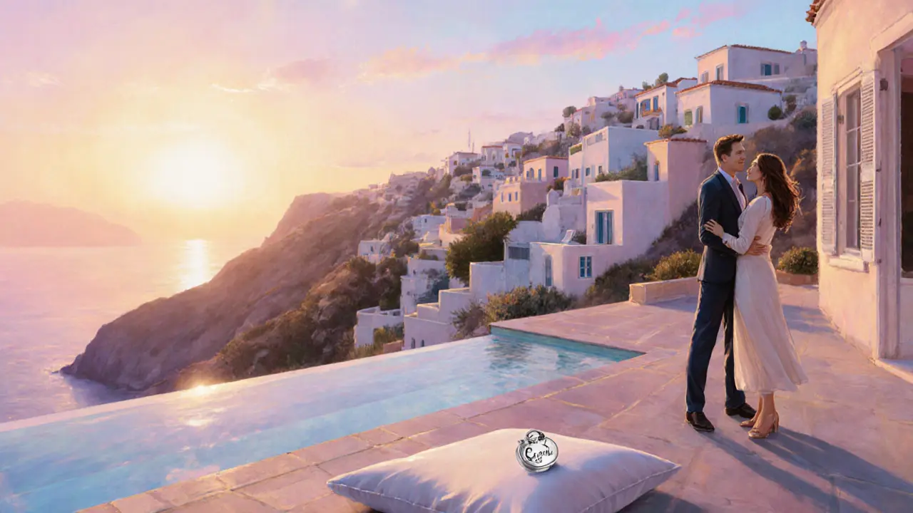 Sunrise at a Mediterranean villa where the couple shares an intimate moment.
