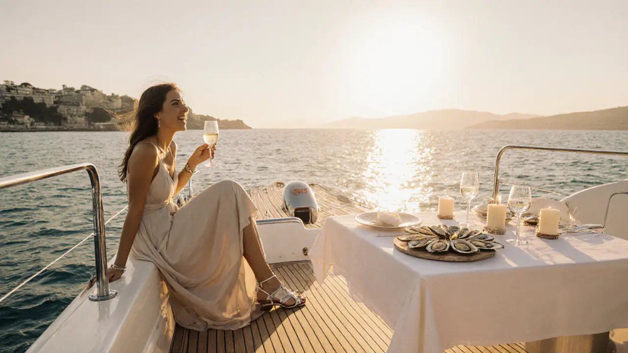Sunset yacht scene with a luxury companion in an evening gown enjoying wine and a gourmet dinner.