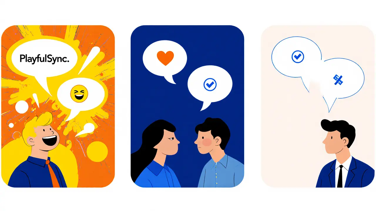 Three comic panels showing playful, deep, and strategic text chemistry styles.