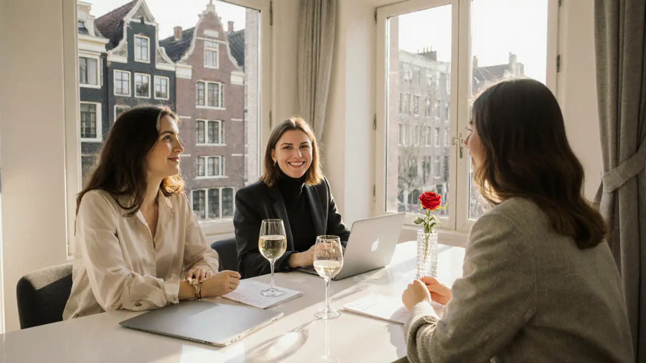 Three elegant European women laughing together at a minimalist table in Amsterdam, dressed in refined attire with natural daylight streaming in.