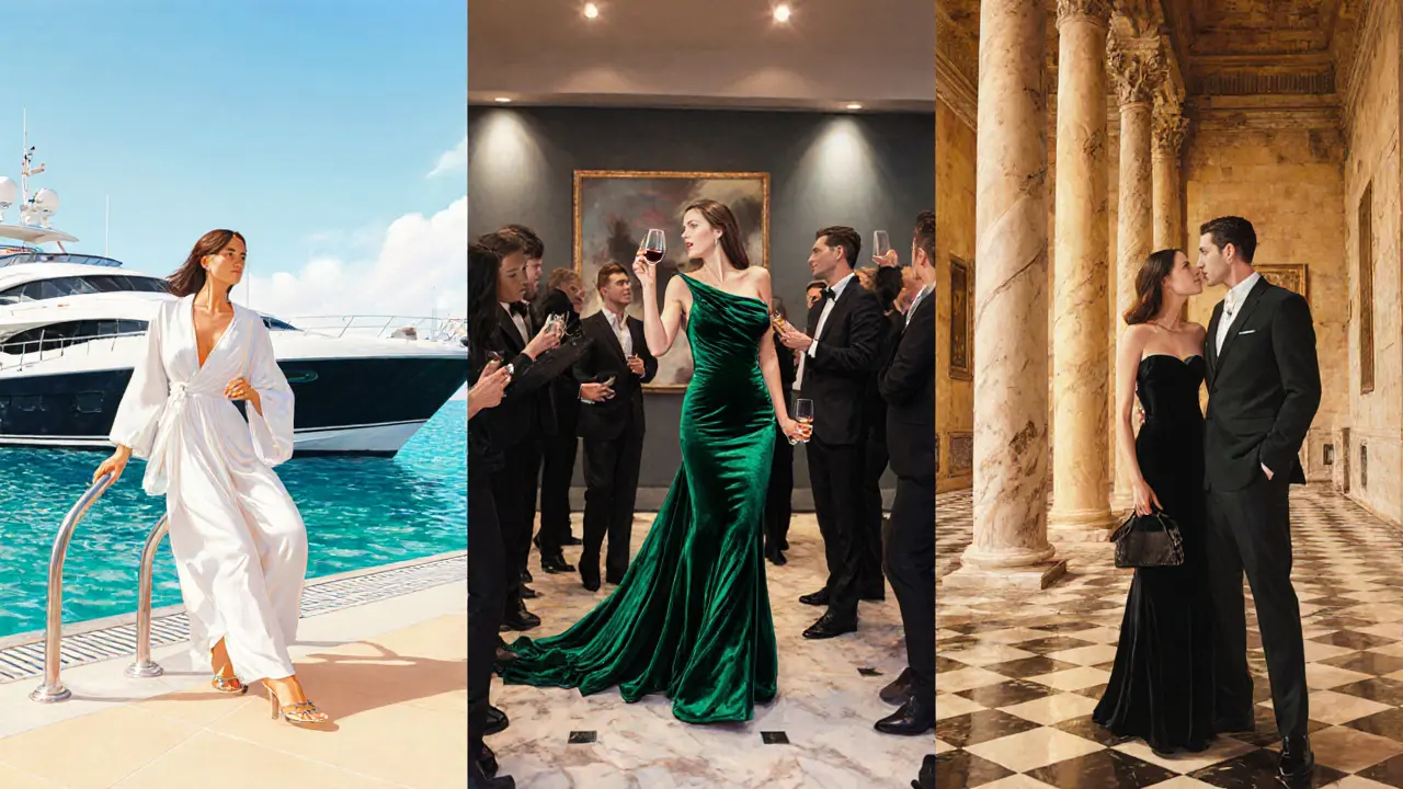 Three luxury companions at a Dubai pool party, London gallery opening, and Rome courtyard.