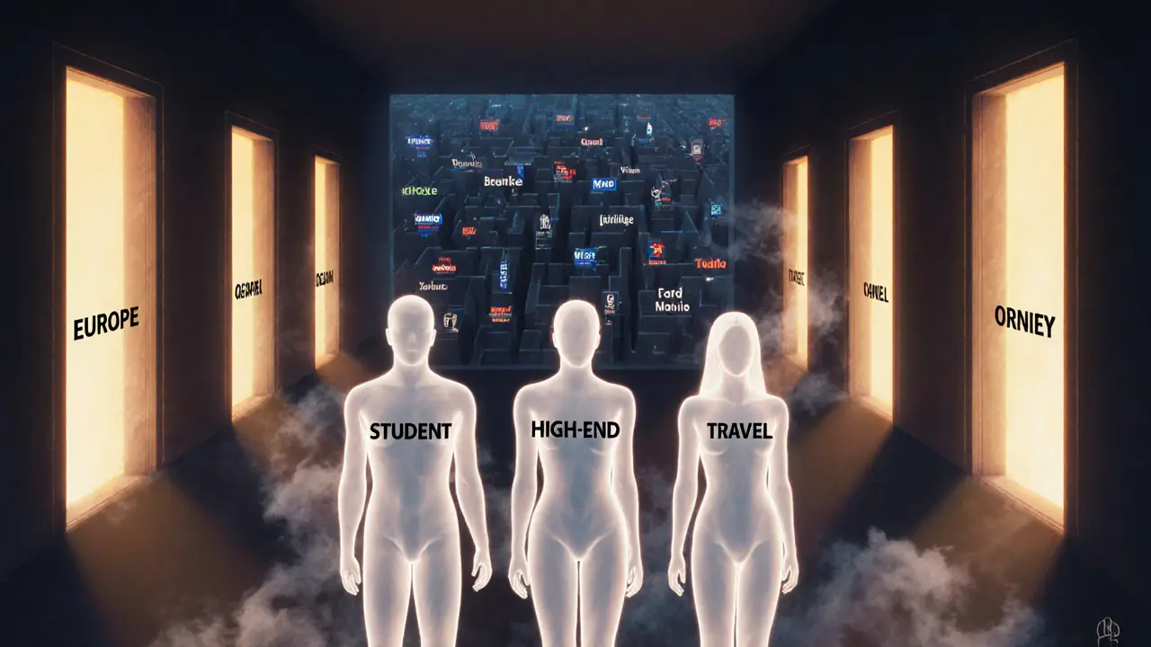 Three translucent figures stand before glowing doors of European cities, symbolizing choice and safety.