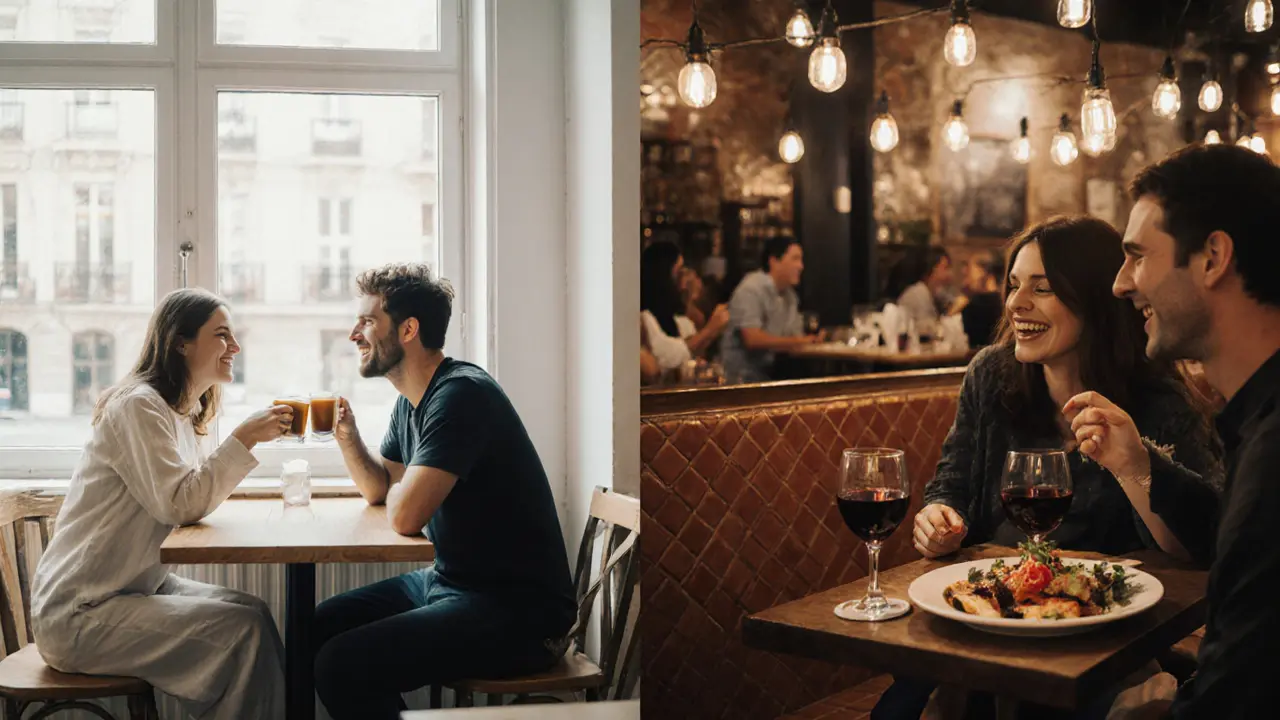 Two first‑date scenes: a bright Copenhagen café and a warm Barcelona wine bar with couples.