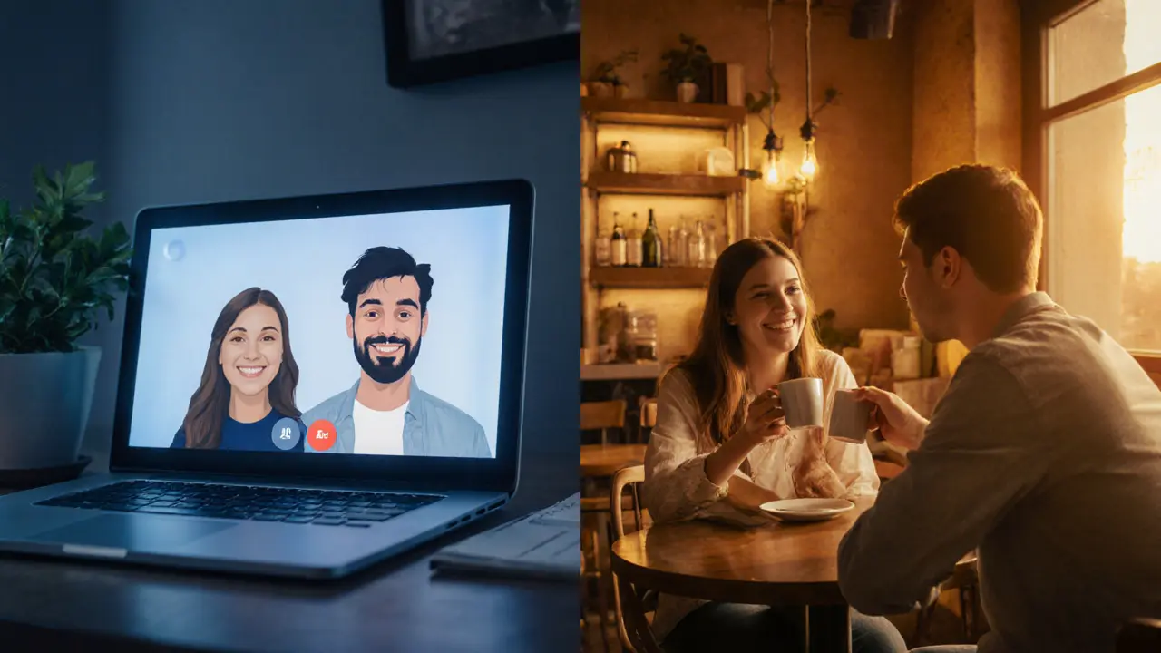 Video call fading into a café meeting, illustrating successful text chemistry.