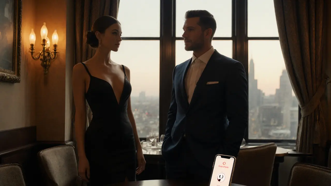 Well‑dressed escort and client meet in an upscale Manchester hotel lounge.