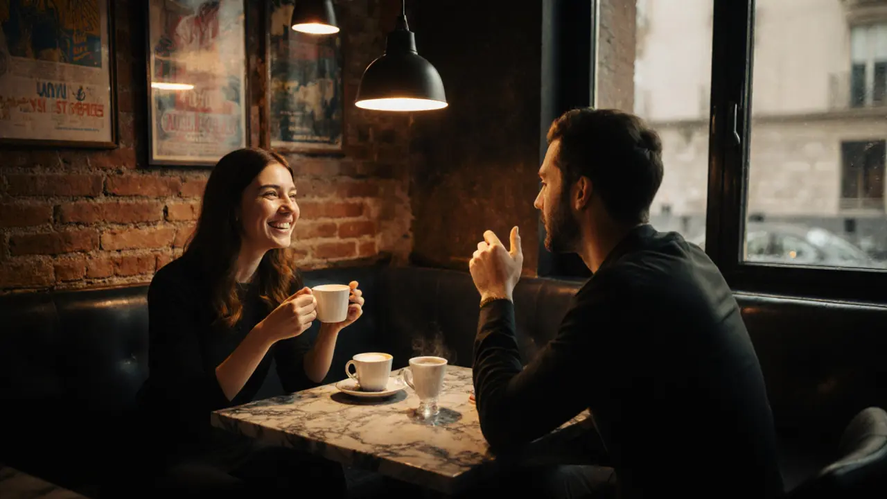 Young couple sharing coffee at a Milan bar on a first Tinder date.