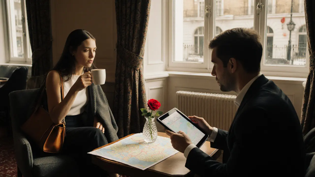 A companion and client meet calmly in a Chelsea hotel lounge, reviewing travel plans in natural light.