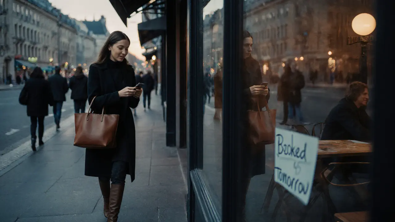 A confident woman walking through a Berlin street at dusk, carrying a tote bag and glancing at her phone with a subtle smile.