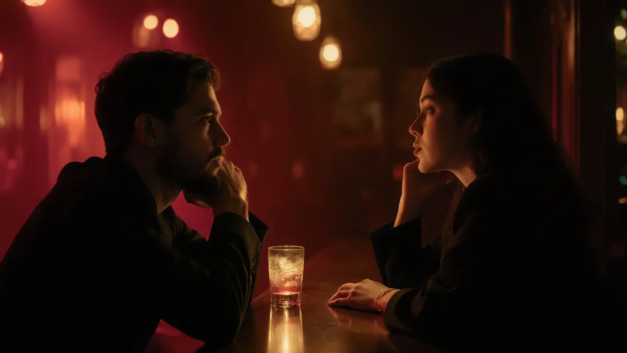 A couple at a dim bar, connected through eye contact and stillness.