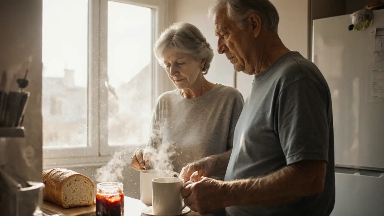 A couple preparing breakfast together in a sunlit kitchen, sharing a calm, wordless morning.