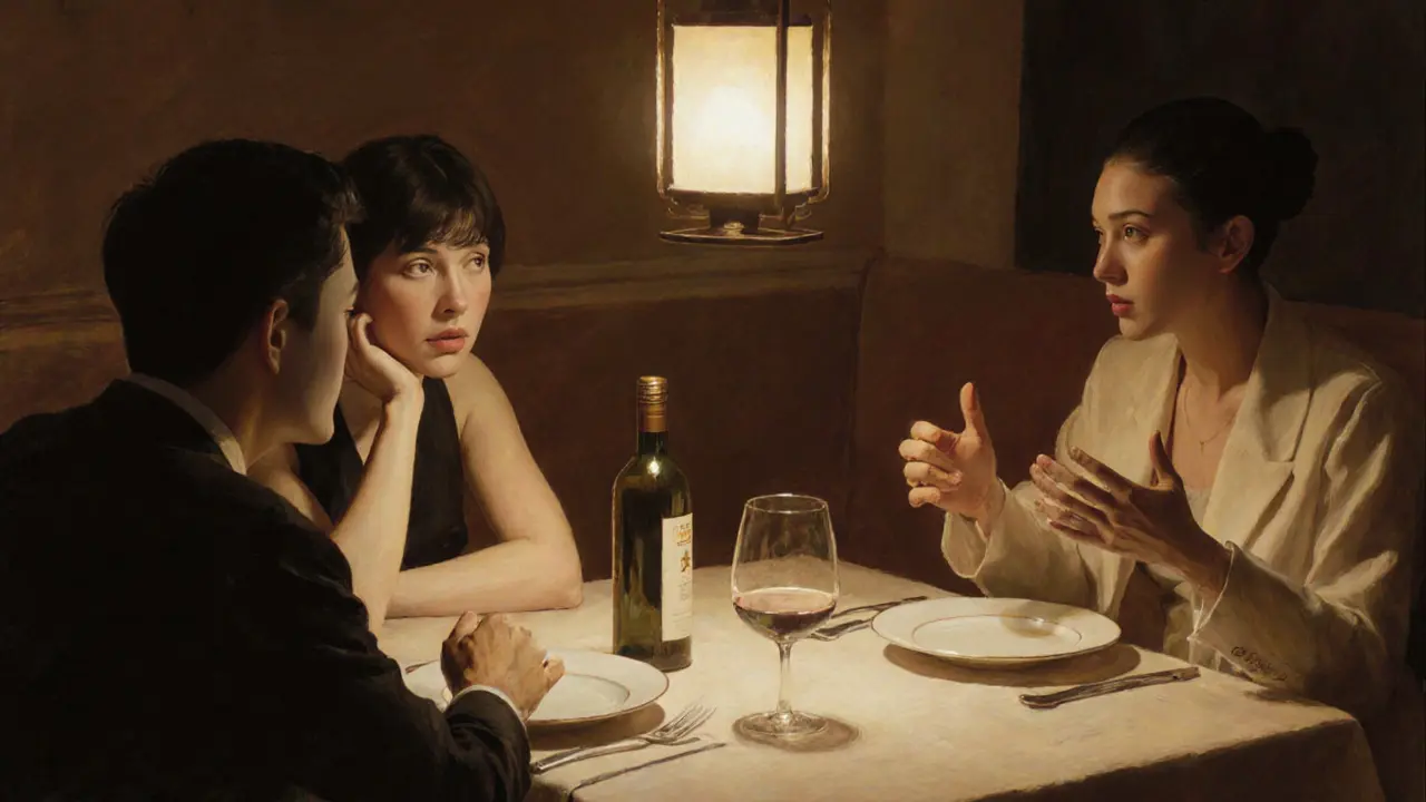 A couple sharing a quiet dinner in Tokyo, deeply engaged in conversation.